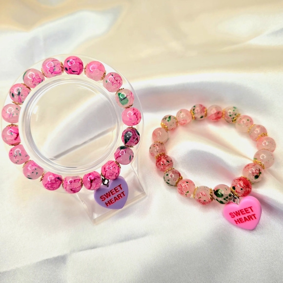 Hand Crafted Jewelry - 2 Pcs. Pink Beaded Bracelets with Sweet Heart Charm